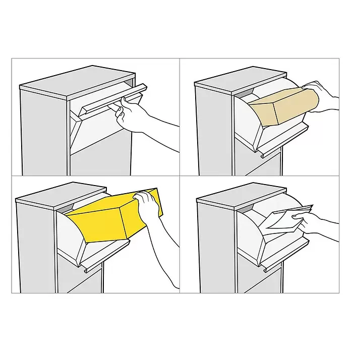 Metzler Paketbox Avalon 3 - L x B x H: 220 x 440 x 822 mm, Anthrazitgrau, Stahl, Fassungsvermögen: 34 l - Grauer Paketbriefkasten zeigt eine Hand, die verschiedene Größen von Post und Paketen in seinen sicheren Einwurfmechanismus steckt.
