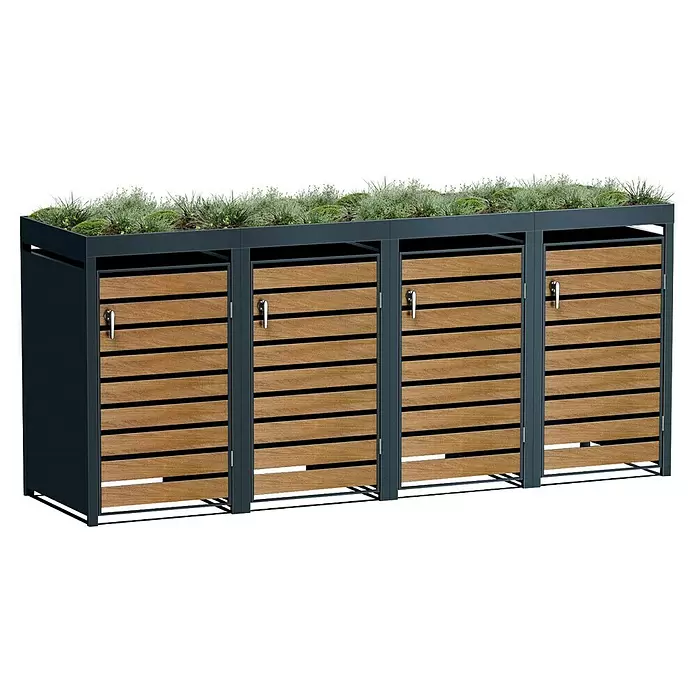 Metzler Mülltonnenbox - 326 x 80 cm, Stahl, Anthrazit/Braun, Geeignet für Anzahl Mülltonnen: 4 Stk., Mit Pflanzdach - Vierfach-Mülltonnenbox mit dunklem Rahmen, Holzlamellentüren und Gründach.