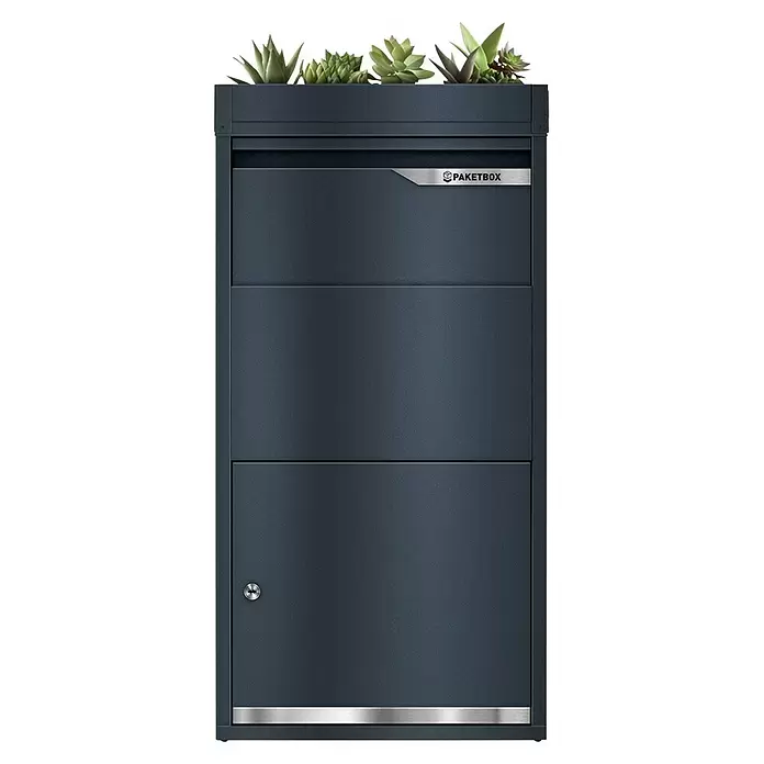 Metzler Paketbox Avalon 3 mit Pflanzdach - L x B x H: 220 x 440 x 870 mm, Anthrazitgrau, Stahl, Fassungsvermögen: 34 l - Dunkelgraue Metall-Paketbox mit integriertem Pflanzgefäß und Sukkulenten. Verfügt über ein 'PAKETBOX'-Logo und eine abschließbare untere Tür.