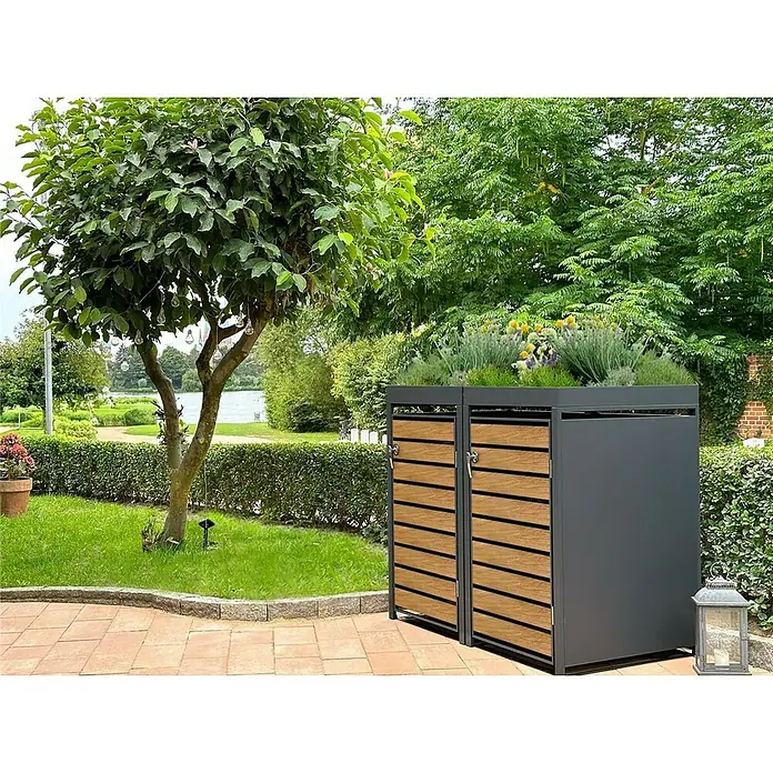 Metzler Mülltonnenbox - 136 x 80 cm, Stahl, Anthrazit/Braun, Geeignet für Anzahl Mülltonnen: 2 Stk., Mit Pflanzdach - Die graue Mülltonnenbox mit Bepflanzung ist eine tolle Ergänzung für jeden Garten und bietet Stauraum für Mülltonnen.