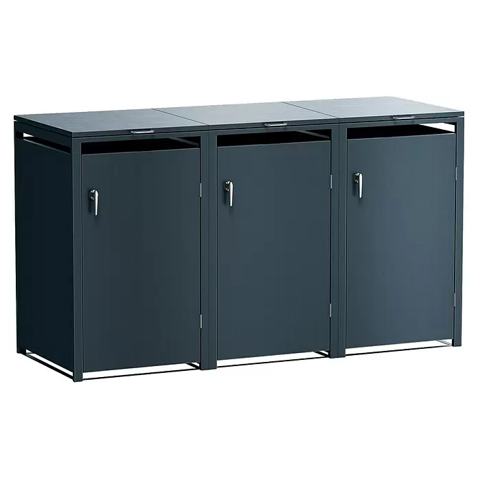Metzler Mülltonnenbox 3er - 204 x 80 cm, Stahl, Anthrazit, Geeignet für Anzahl Mülltonnen: 3 Stk. - Dunkelgraue Metall-Mülltonnenbox mit drei Fächern, Einzeltüren und oberen Klappen.