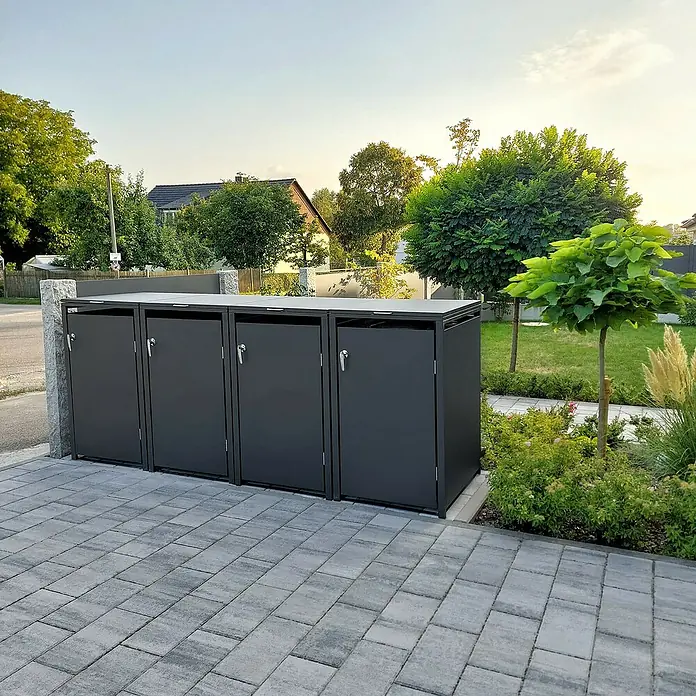 Metzler Mülltonnenbox 4er - 272 x 80 cm, Stahl, Anthrazit, Geeignet für Anzahl Mülltonnen: 4 Stk. - Mülltonnenbox aus Metall in Anthrazit für vier Mülltonnen auf gepflastertem Untergrund. Praktisch und stilvoll für den Außenbereich.