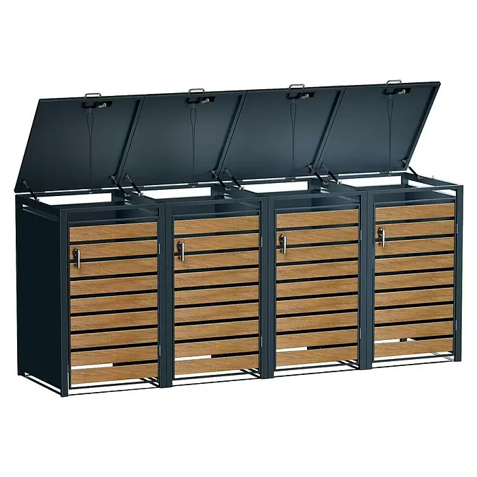 Metzler Mülltonnenbox - 272 x 80 cm, Stahl, Anthrazit/Braun, Geeignet für Anzahl Mülltonnen: 4 Stk. - Mülltonnenbox mit vier Fächern, dunkelgrauem Metallrahmen und Holzlamellen, alle Deckel offen.