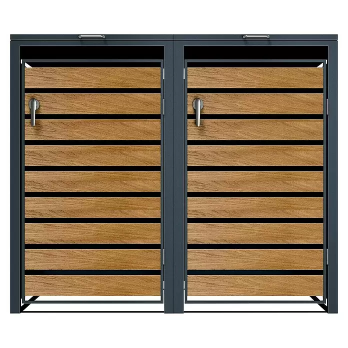 Metzler Mülltonnenbox - 136 x 80 cm, Stahl, Anthrazit/Braun, Geeignet für Anzahl Mülltonnen: 2 Stk. - Doppelte Mülltonnenbox mit dunkelgrauem Metallrahmen und hellen Holzlamellentüren mit silbernen Griffen.