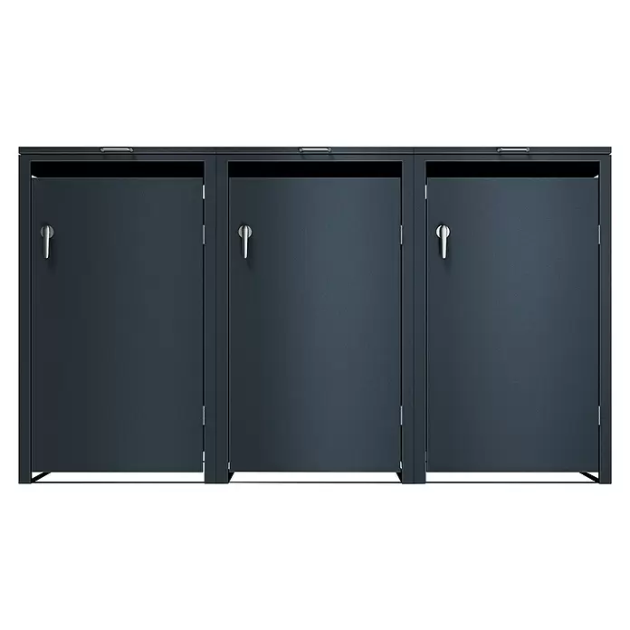 Metzler Mülltonnenbox 3er - 204 x 80 cm, Stahl, Anthrazit, Geeignet für Anzahl Mülltonnen: 3 Stk. - Drei dunkelgraue Metall-Abfallbehälter für den Außenbereich mit silbernen Griffen und Einwurfschlitzen.