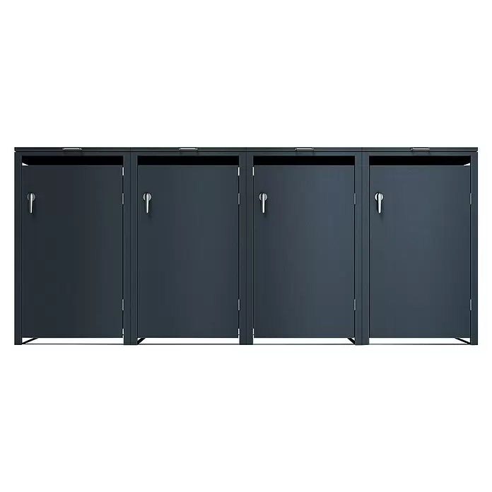 Metzler Mülltonnenbox 4er - 272 x 80 cm, Stahl, Anthrazit, Geeignet für Anzahl Mülltonnen: 4 Stk. - Vier dunkelgraue Metall-Abfalltrennsysteme mit oberen Öffnungen und Griffen.