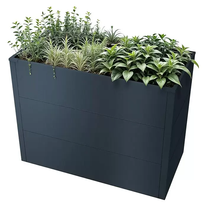 Metzler Hochbeet - 100 x 55 x 77 cm, Stahl, Anthrazit - Dunkelgrauer, rechteckiger Pflanzkübel im modernen Design, gefüllt mit verschiedenen Grünpflanzen.