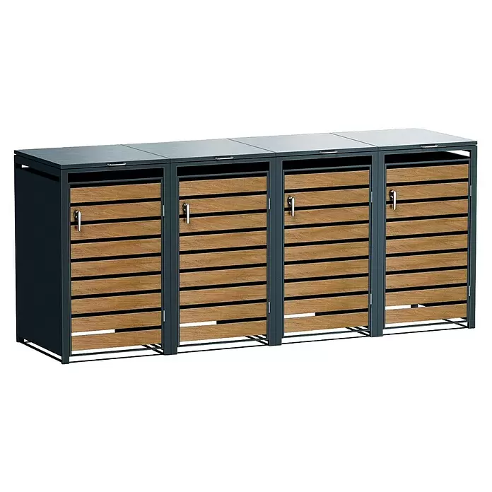 Metzler Mülltonnenbox - 272 x 80 cm, Stahl, Anthrazit/Braun, Geeignet für Anzahl Mülltonnen: 4 Stk. - Vierfaches Mülltrennsystem mit dunkelgrauem Rahmen, hellen Holzlamellentüren, grauer Oberseite und silbernen Griffen.