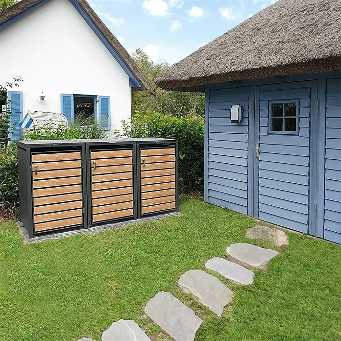 Metzler Mülltonnenbox - 204 x 80 cm, Stahl, Anthrazit/Braun, Geeignet für Anzahl Mülltonnen: 3 Stk. - Mülltonnenbox aus Metall und Holz im Garten. Das Produkt ist eine robuste und stilvolle Lösung für die Mülltonnenaufbewahrung im Freien.