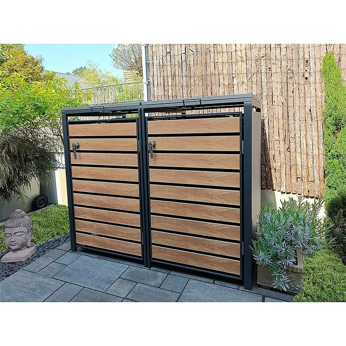 Metzler Mülltonnenbox - 136 x 80 cm, Stahl, Anthrazit/Braun, Geeignet für Anzahl Mülltonnen: 2 Stk. - Eine moderne Mülltonnenbox mit zwei Fächern aus Holz und Metallrahmen fügt sich stilvoll in den Garten ein.