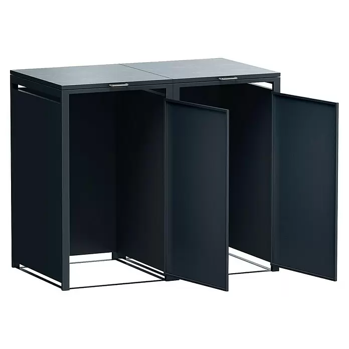Metzler Mülltonnenbox 2er - 136 x 80 cm, Stahl, Anthrazit, Geeignet für Anzahl Mülltonnen: 2 Stk. - Dunkelgraue Outdoor-Aufbewahrungseinheit aus Metall mit zwei oberen Paneelen und zwei offenen Vordertüren, die Fächer zeigen.