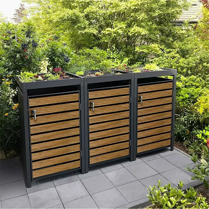 Metzler Mülltonnenbox - 204 x 80 cm, Stahl, Anthrazit/Braun, Geeignet für Anzahl Mülltonnen: 3 Stk., Mit Pflanzdach - Diese Mülltonnenbox mit Bepflanzung integriert sich perfekt in jeden Garten und bietet eine stilvolle Lösung für die Müllentsorgung.