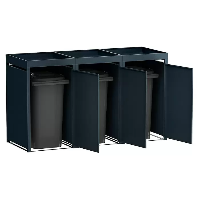 Metzler Mülltonnenbox - 198,5 x 80 cm, Stahl, Anthrazit, Geeignet für Anzahl Mülltonnen: 3 Stk., Mit Pflanzdach - Dunkelgraue Mülltonnenbox mit drei Fächern und Türen für drei Abfallbehälter.