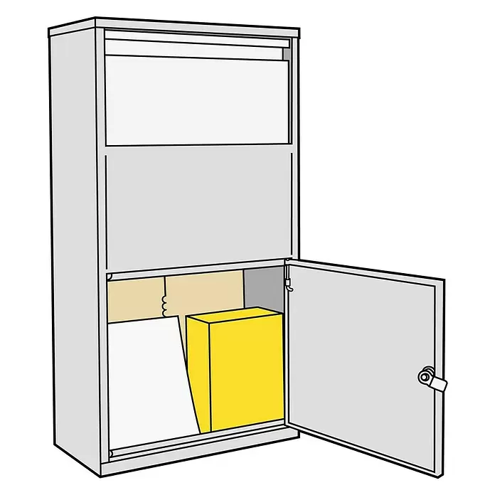 Metzler Paketbox Avalon 3 - L x B x H: 220 x 440 x 822 mm, Anthrazitgrau, Stahl, Fassungsvermögen: 34 l - Grauer Büroschrank mit offener Tür, der eine gelbe Box und Papiere im unteren Fach zeigt.