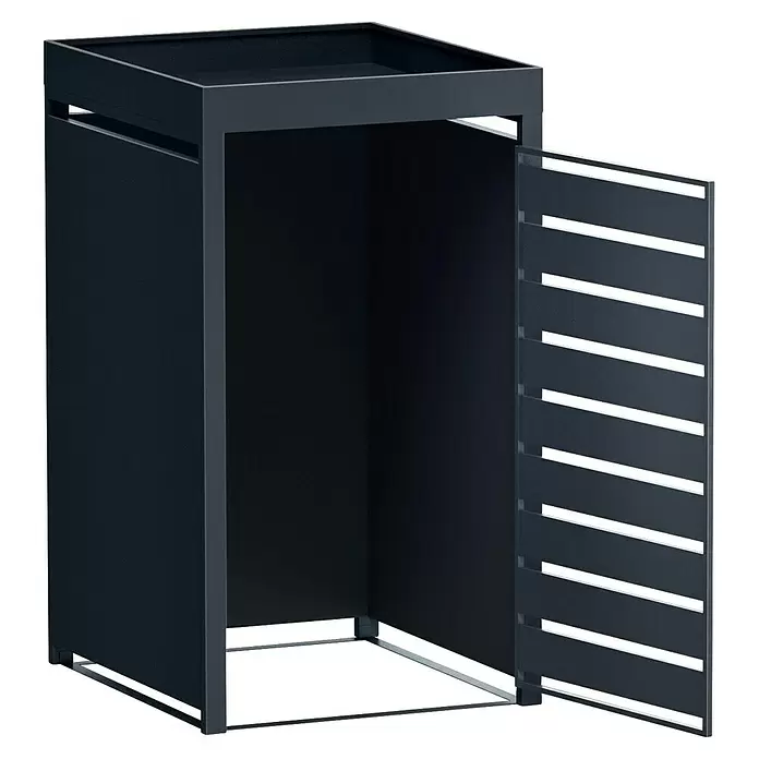 Metzler Mülltonnenbox - 68 x 80 cm, Stahl, Anthrazit/Braun, Geeignet für Anzahl Mülltonnen: 1 Stk., Mit Pflanzdach - Dunkelgrauer Outdoor-Stauraumschrank mit offener Lamellentür.