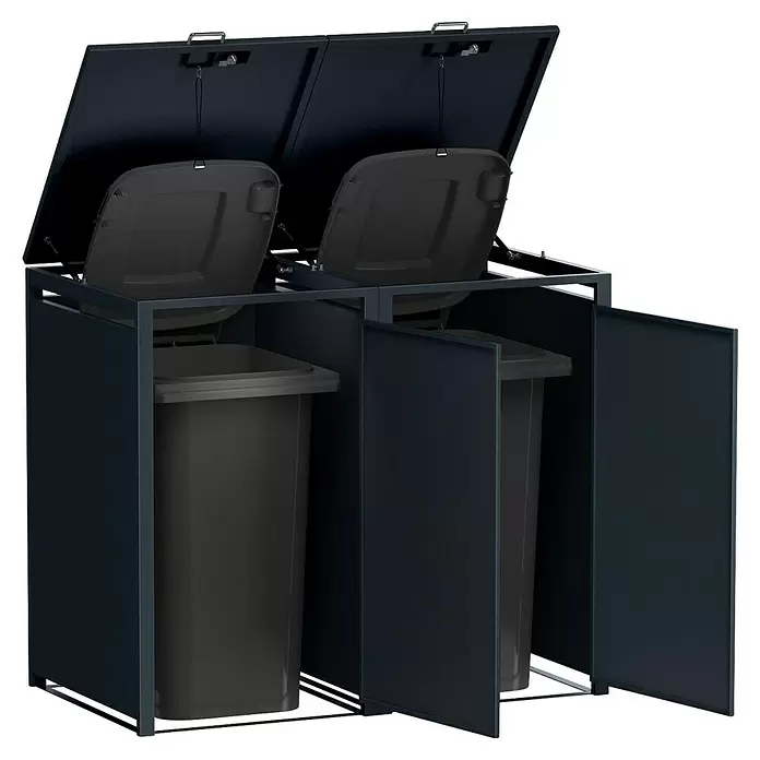 Metzler Mülltonnenbox 2er - 136 x 80 cm, Stahl, Anthrazit, Geeignet für Anzahl Mülltonnen: 2 Stk. - Dunkelgraue Metall-Doppelabfallbehälterbox mit offenen Deckeln und Vordertür, die zwei dunkle Innenbehälter zeigt.