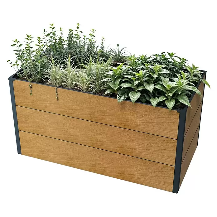 Metzler Hochbeet - 150 x 75 x 77 cm, Stahl, Anthrazit/Braun - Großer Holz-Pflanzkasten mit dunklem Metallrahmen, gefüllt mit verschiedenen Grünpflanzen.