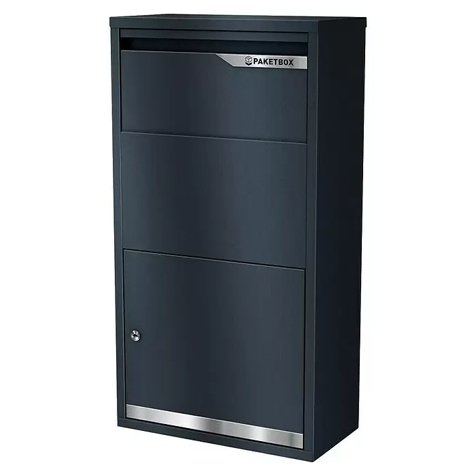 Metzler Paketbox Avalon 3 - L x B x H: 220 x 440 x 822 mm, Anthrazitgrau, Stahl, Fassungsvermögen: 34 l - Anthrazitfarbener Paketbriefkasten aus Metall mit silbernen Akzenten und Schloss für den Paketempfang.