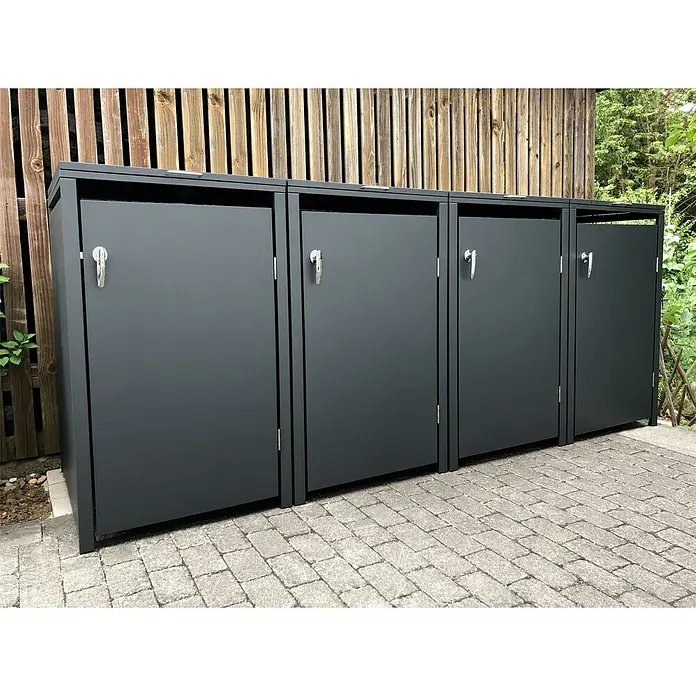 Metzler Mülltonnenbox 4er - 272 x 80 cm, Stahl, Anthrazit, Geeignet für Anzahl Mülltonnen: 4 Stk. - Aufnahme von vier grauen Mülltonnenboxen vor einer Holzwand, die eine elegante und praktische Lösung zur Aufbewahrung bieten.