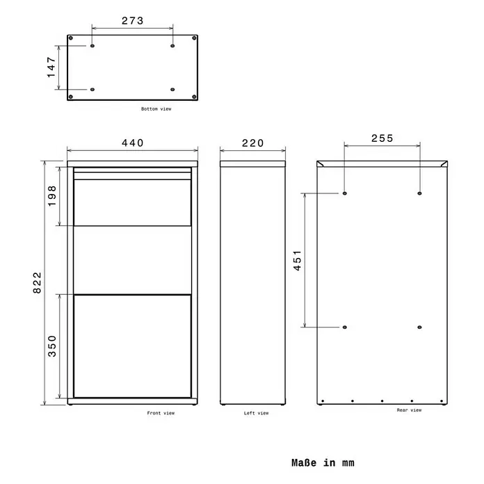 Metzler Paketbox Avalon 3 - L x B x H: 220 x 440 x 822 mm, Anthrazitgrau, Stahl, Fassungsvermögen: 34 l - Technische Zeichnung eines rechteckigen Schranks, Vorder-, Seiten-, Rückansicht und Unterseite mit Maßen in mm.
