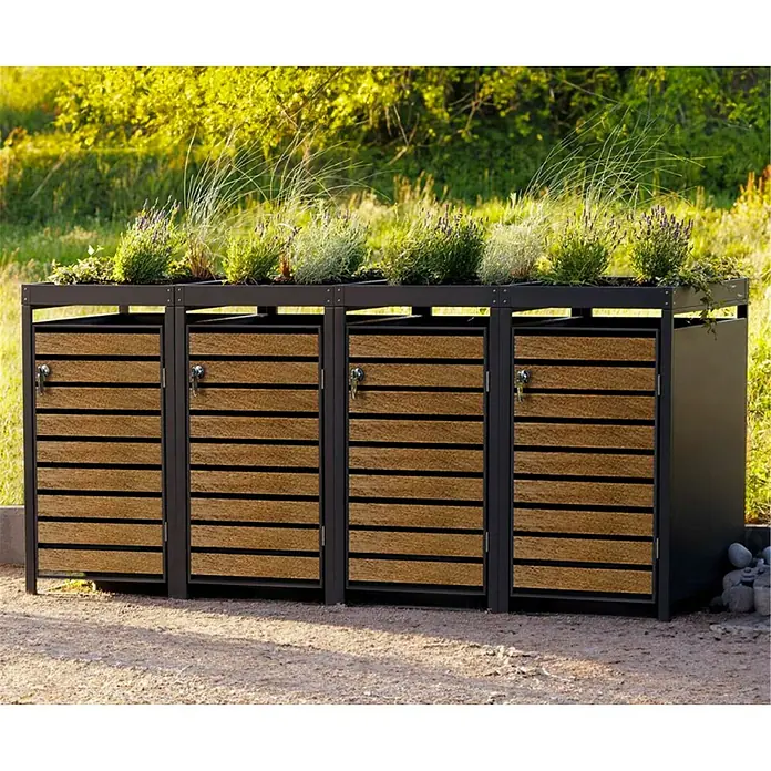 Metzler Mülltonnenbox - 326 x 80 cm, Stahl, Anthrazit/Braun, Geeignet für Anzahl Mülltonnen: 4 Stk., Mit Pflanzdach - Mülltonnenbox aus Metall mit Holztüren und Pflanzen auf dem Dach, eine stilvolle und funktionale Lösung für die Müllentsorgung im Freien.