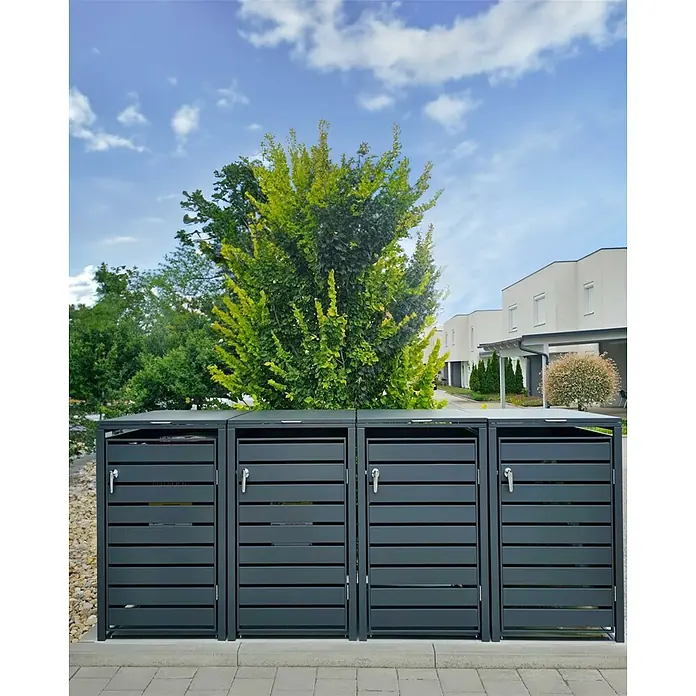 Metzler Mülltonnenbox - 272 x 80 cm, Stahl, Anthrazit, Geeignet für Anzahl Mülltonnen: 4 Stk., Mit Lamellen - Mülltonnenbox mit vier Fächern und horizontalen Lamellen. Praktische und stilvolle Lösung zur Aufbewahrung von Mülltonnen im Freien.