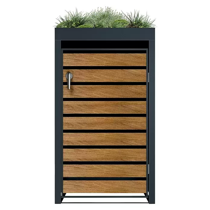 Metzler Mülltonnenbox - 68 x 80 cm, Stahl, Anthrazit/Braun, Geeignet für Anzahl Mülltonnen: 1 Stk., Mit Pflanzdach - Abfallsammelbox aus Anthrazit mit Holzlattentür und silbernem Griff, oben bepflanzt mit Grünpflanzen.