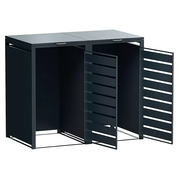 Metzler Mülltonnenbox - 136 x 80 cm, Stahl, Anthrazit, Geeignet für Anzahl Mülltonnen: 2 Stk., Mit Lamellen - Dunkelgrauer Lamellen-Outdoor-Lagerschrank mit zwei offenen Fächern.