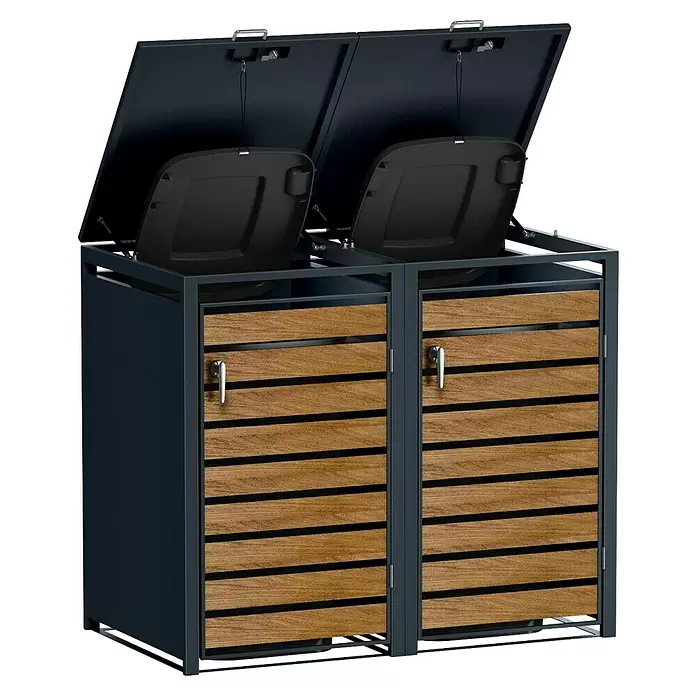 Metzler Mülltonnenbox - 136 x 80 cm, Stahl, Anthrazit/Braun, Geeignet für Anzahl Mülltonnen: 2 Stk. - Doppelte Mülltonnenbox für draußen aus dunkelgrauem Metall und Holzlamellen mit offenen schwarzen Deckeln.