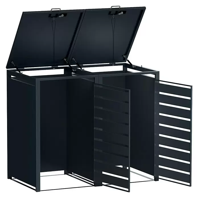 Metzler Mülltonnenbox - 136 x 80 cm, Stahl, Anthrazit, Geeignet für Anzahl Mülltonnen: 2 Stk., Mit Lamellen - Dunkelgraue Metall-Mülltonnenbox für zwei Behälter mit geöffneten Klappdeckeln und leicht geöffneten Lamellentüren.