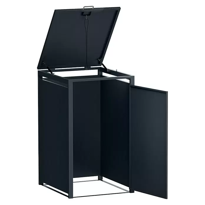 Metzler Mülltonnenbox 1er - 68 x 80 cm, Stahl, Anthrazit, Geeignet für Anzahl Mülltonnen: 1 Stk. - Anthrazitfarbener Outdoor-Lagerschrank mit offenem Deckel, sichtbaren Gasdruckfedern und offener Seitenwand.
