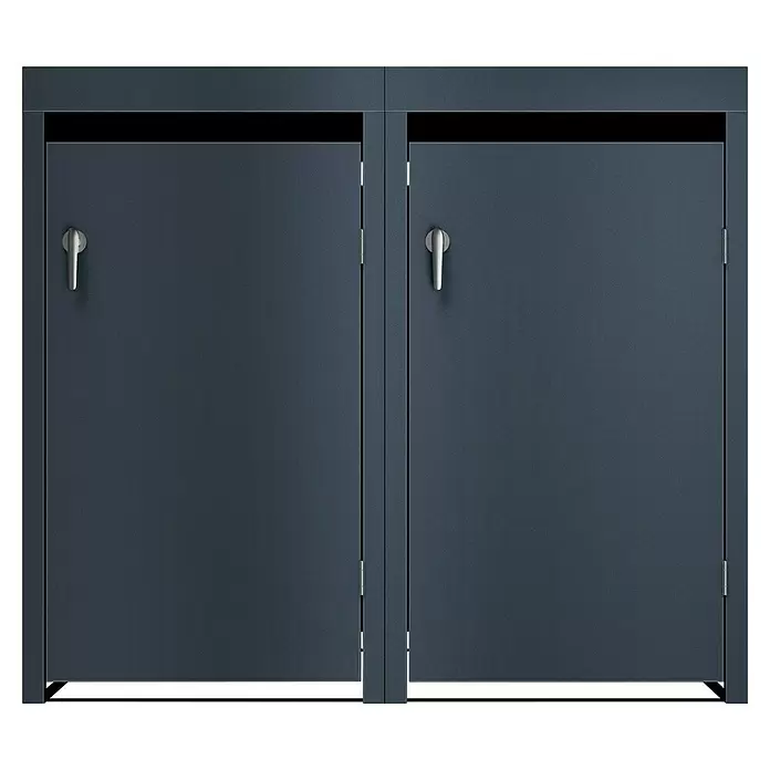 Metzler Mülltonnenbox - 132 x 80 cm, Stahl, Anthrazit, Geeignet für Anzahl Mülltonnen: 2 Stk., Mit Pflanzdach - Dunkelgrauer Metall-Doppeltür-Utility-Schrank mit oberen Schlitzen und silbernen Griffen.