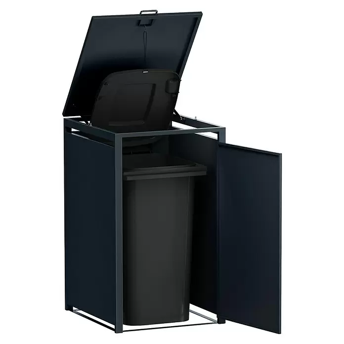 Metzler Mülltonnenbox 1er - 68 x 80 cm, Stahl, Anthrazit, Geeignet für Anzahl Mülltonnen: 1 Stk. - Schwarze Mülltonnenbox für draußen mit geöffnetem Deckel und Seitentür, die eine dunkelgraue Innenmülltonne mit ebenfalls geöffnetem Deckel zeigt.