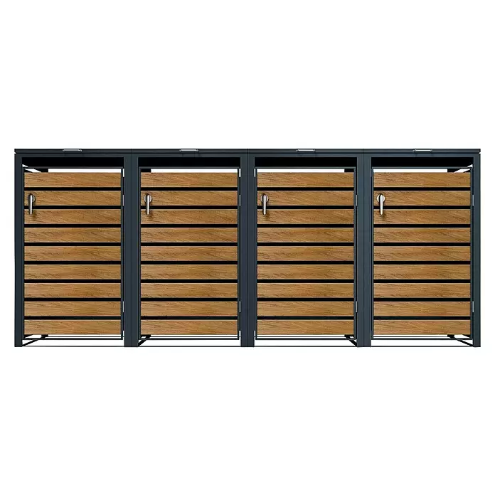 Metzler Mülltonnenbox - 272 x 80 cm, Stahl, Anthrazit/Braun, Geeignet für Anzahl Mülltonnen: 4 Stk. - Vierfache Mülltonnenbox mit dunkelgrauem Metallrahmen und hellen Holzlamellentüren, jeweils mit silbernem Griff.