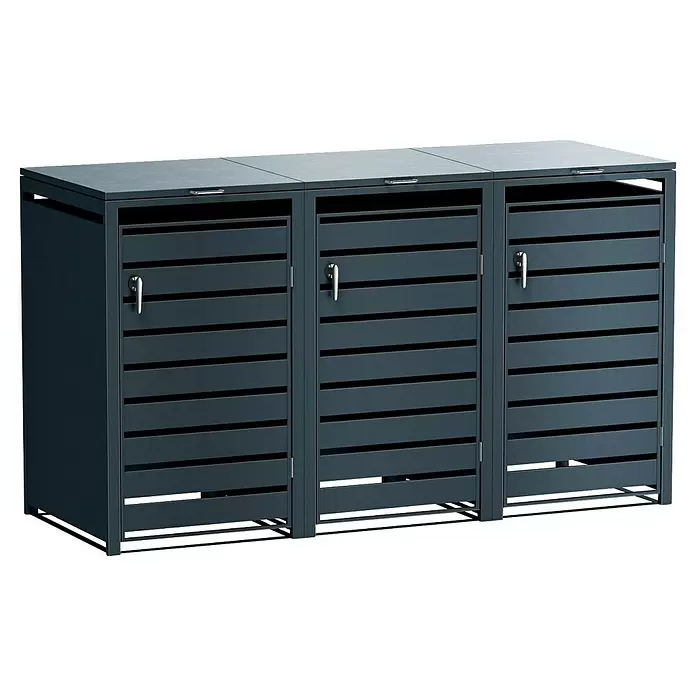 Metzler Mülltonnenbox - 204 x 80 cm, Stahl, Anthrazit, Geeignet für Anzahl Mülltonnen: 3 Stk., Mit Lamellen - Dunkelgraue Mülltonnenbox aus Metall mit drei Fächern, Lamellentüren und Klappdeckeln.