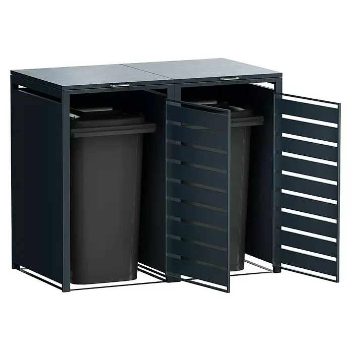 Metzler Mülltonnenbox - 136 x 80 cm, Stahl, Anthrazit, Geeignet für Anzahl Mülltonnen: 2 Stk., Mit Lamellen - Dunkelgraues Metall-Mülltonnenhaus mit zwei Fächern, das zwei dunkelgraue Tonnen enthält. Eine Lamellentür steht offen.