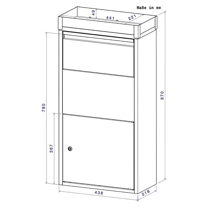 Metzler Paketbox Avalon 3 mit Pflanzdach - L x B x H: 220 x 440 x 870 mm, Anthrazitgrau, Stahl, Fassungsvermögen: 34 l - Maße für einen rechteckigen Brief-/Paketkasten mit Einwurfschlitz oben und abschließbarer Tür unten.