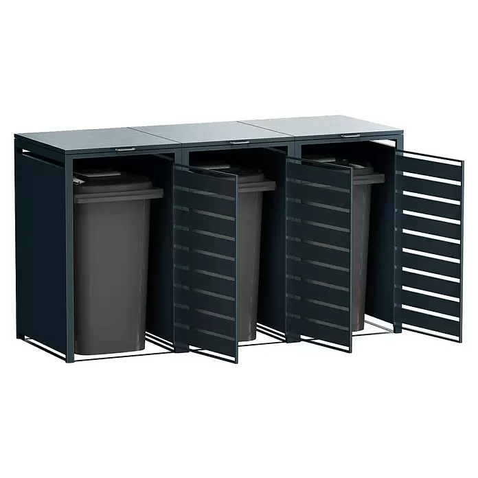 Metzler Mülltonnenbox - 204 x 80 cm, Stahl, Anthrazit, Geeignet für Anzahl Mülltonnen: 3 Stk., Mit Lamellen - Dunkelgraue Metall-Mülltonnenbox mit drei Fächern, geöffnete Türen zeigen die dunkelgrauen Abfallbehälter.