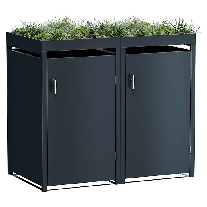 Metzler Mülltonnenbox - 132 x 80 cm, Stahl, Anthrazit, Geeignet für Anzahl Mülltonnen: 2 Stk., Mit Pflanzdach - Dunkelgraue Metall-Mülltonnenbox mit zwei Fächern und integriertem begrüntem Dach mit Pflanzen.