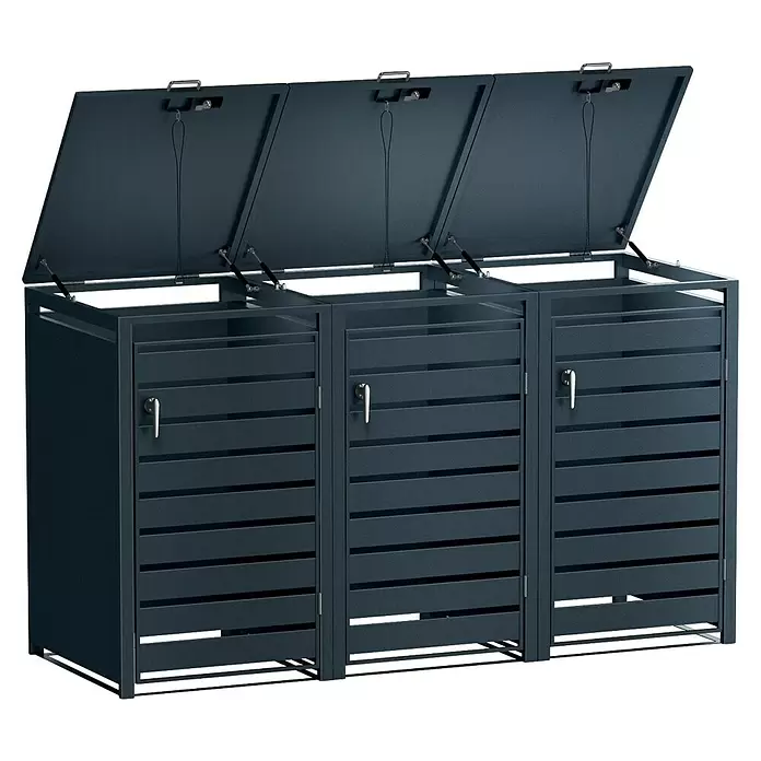 Metzler Mülltonnenbox - 204 x 80 cm, Stahl, Anthrazit, Geeignet für Anzahl Mülltonnen: 3 Stk., Mit Lamellen - Dunkelgraue Mülltonnenbox aus Metall mit drei Fächern, Lamellentüren und offenen Deckeln. Ideal zur Mülltrennung.