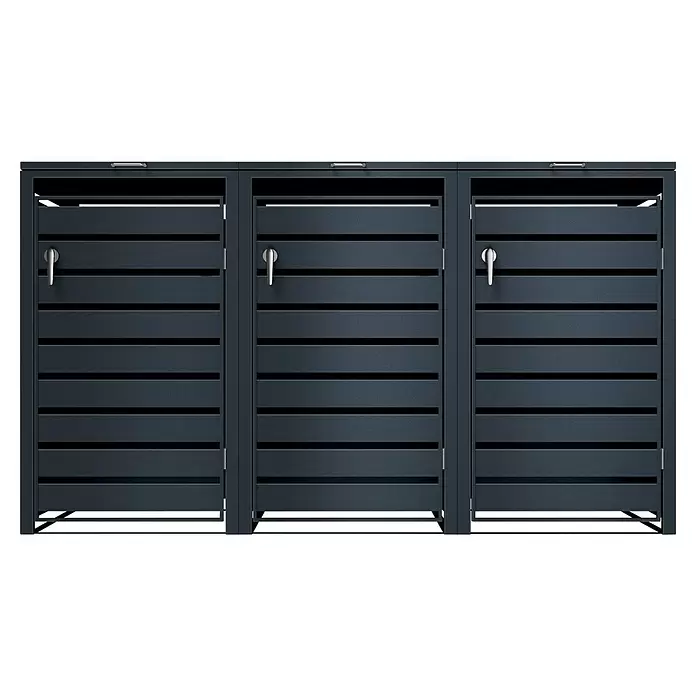 Metzler Mülltonnenbox - 204 x 80 cm, Stahl, Anthrazit, Geeignet für Anzahl Mülltonnen: 3 Stk., Mit Lamellen - Dunkelgraue Lamellen-Mülltonnenbox aus Metall mit drei Fächern und silbernen Griffen.