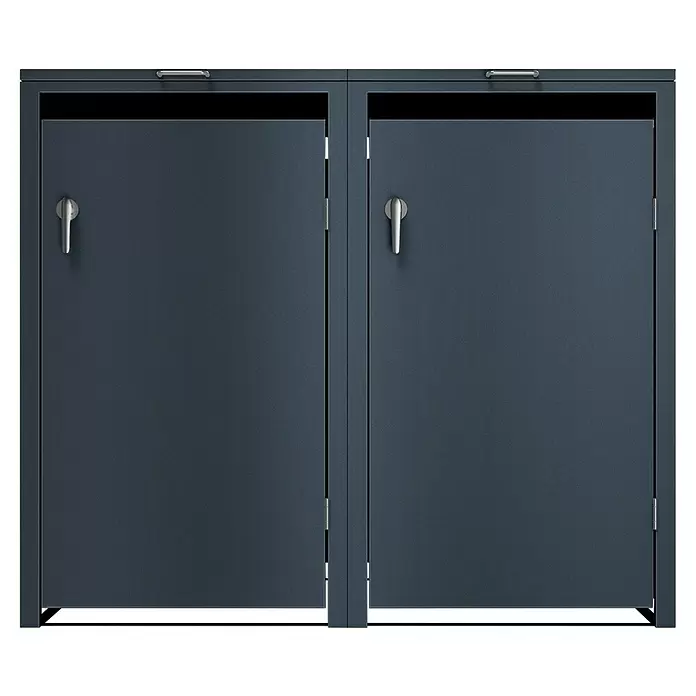 Metzler Mülltonnenbox 2er - 136 x 80 cm, Stahl, Anthrazit, Geeignet für Anzahl Mülltonnen: 2 Stk. - Anthrazitfarbener Metall-Doppeltürschrank mit silbernen Griffen.
