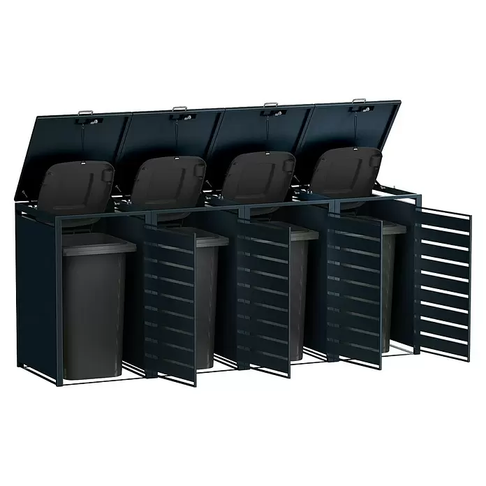Metzler Mülltonnenbox - 272 x 80 cm, Stahl, Anthrazit, Geeignet für Anzahl Mülltonnen: 4 Stk., Mit Lamellen - Dunkles Mülltonnenhaus mit vier Fächern und geöffneten Deckeln, die graue Mülltonnen zeigen.