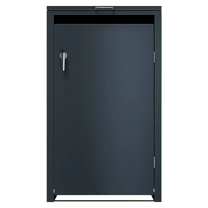 Metzler Mülltonnenbox 1er - 68 x 80 cm, Stahl, Anthrazit, Geeignet für Anzahl Mülltonnen: 1 Stk. - Dunkelgrauer Metall-Außenlagerschrank mit silbernem Griff und obenliegendem Zuggriff.