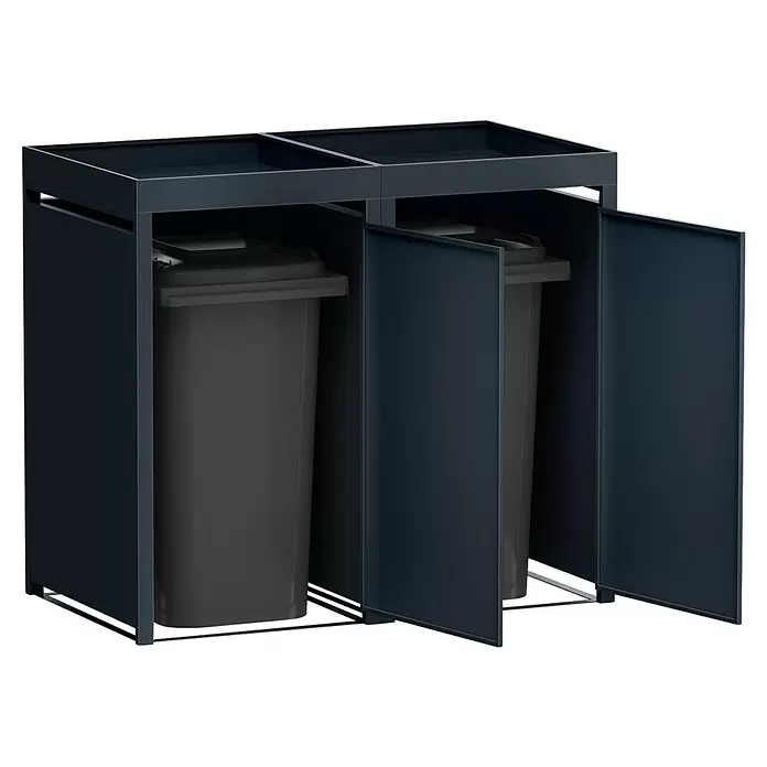 Metzler Mülltonnenbox - 132 x 80 cm, Stahl, Anthrazit, Geeignet für Anzahl Mülltonnen: 2 Stk., Mit Pflanzdach - Dunkelgraue Metallverkleidung für zwei Mülleimer, mit zwei dunkelgrauen Behältern innen. Türen sind geöffnet.