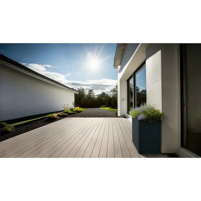 Metzler Hochbeet - 100 x 55 x 77 cm, Stahl, Anthrazit - Terrasse mit Holzdeck und Blumenkasten. Das moderne Design fügt sich nahtlos in die Architektur ein. Entspannen Sie im Freien auf dieser stilvollen Terrasse.