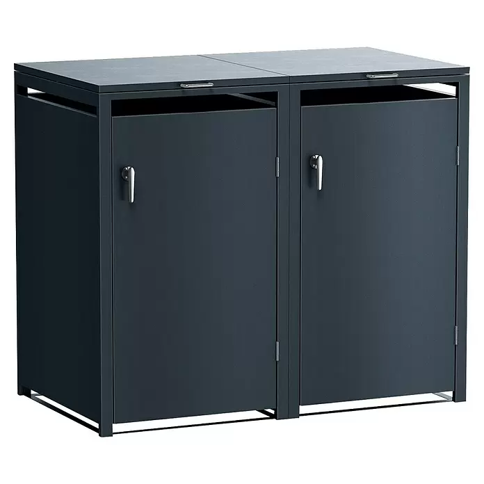 Metzler Mülltonnenbox 2er - 136 x 80 cm, Stahl, Anthrazit, Geeignet für Anzahl Mülltonnen: 2 Stk. - Dunkelgrauer Metall-Außenmüllschrank mit zwei Fächern und silbernen Griffen, ideal für Mülltonnen.