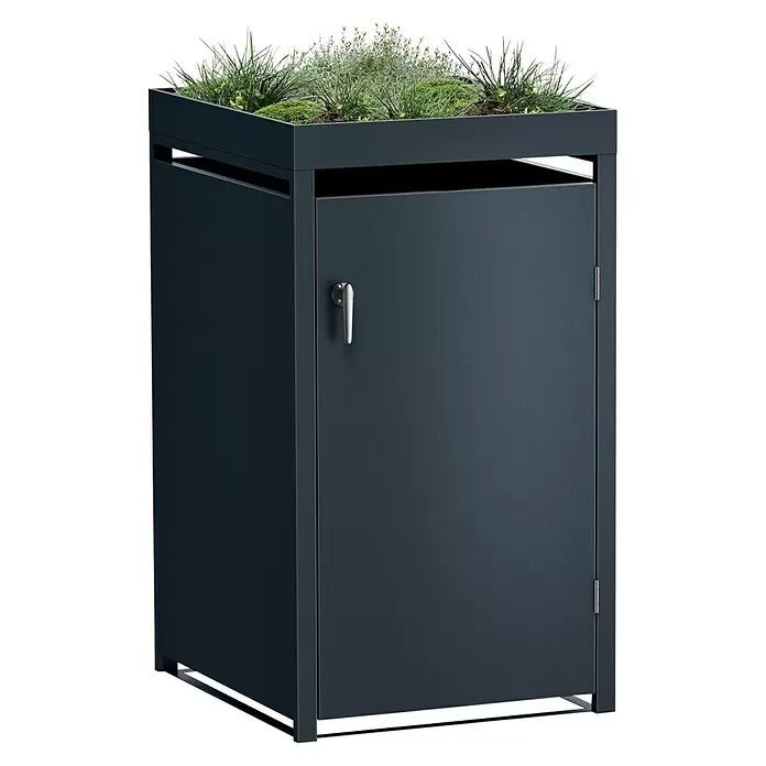 Metzler Mülltonnenbox - 68 x 80 cm, Stahl, Anthrazit, Geeignet für Anzahl Mülltonnen: 1 Stk., Mit Pflanzdach - Dunkelgrauer Outdoor-Schrank mit integriertem Pflanzgefäß oben, mit grünen Pflanzen.