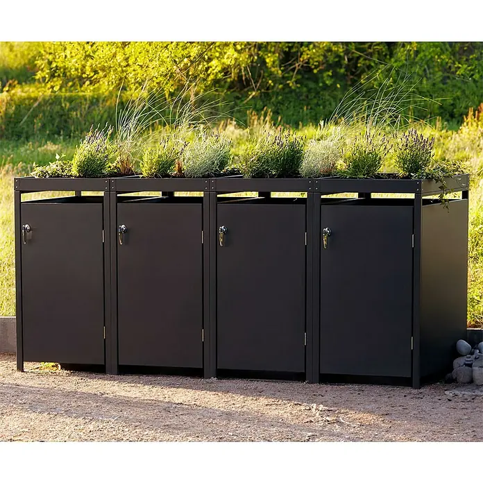 Metzler Mülltonnenbox - Stahl, Anthrazit, Geeignet für Anzahl Mülltonnen: 4 Stk., Mit Pflanzdach - Vier schwarze Mülltonnen mit Pflanzkästen oben drauf, die sich perfekt in die Gartenlandschaft einfügen. Stilvolle Müllentsorgung.