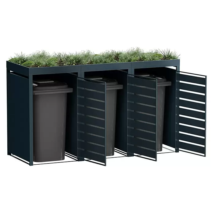 Metzler Mülltonnenbox - 204 x 80 cm, Stahl, Anthrazit/Braun, Geeignet für Anzahl Mülltonnen: 3 Stk., Mit Pflanzdach - Anthrazitfarbene Mülltonnenbox aus Metall mit begrüntem Dach für drei Tonnen, mit Lamellentüren.